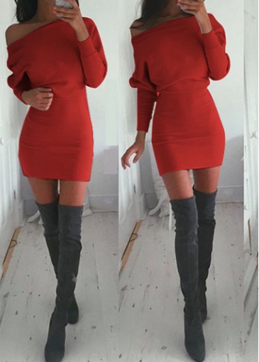 unsigned Skew Neck Red Long Sleeve Mini Dress