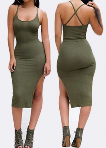 unsigned Spaghetti Strap Army Green Side Slit Sheath Dress