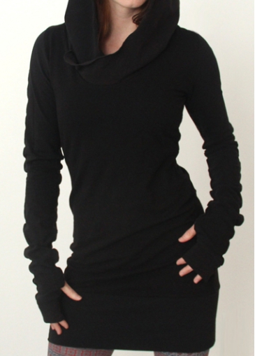 unsigned Hooded Collar Long Sleeve Black Mini Dress