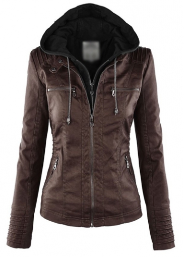 unsigned Zipper Closure Dark Coffee Hooded Jacket