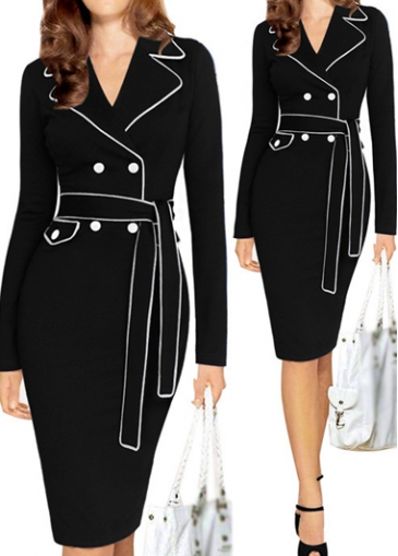 unsigned Black Long Sleeve Knee Length Dress