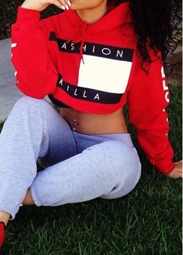 unsigned Red Long Sleeve Letter Pattern Crop Hoodie