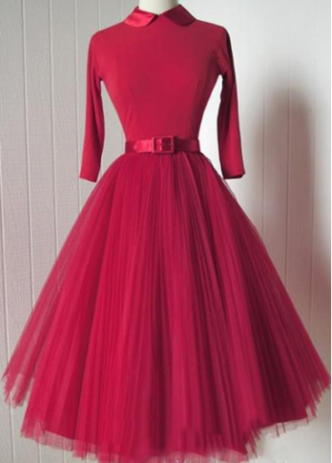 unsigned Peter Pan Collar Red Belted A Line Dress