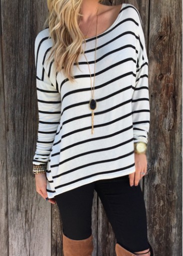 unsigned Long Sleeve Round Neck Striped T Shirt