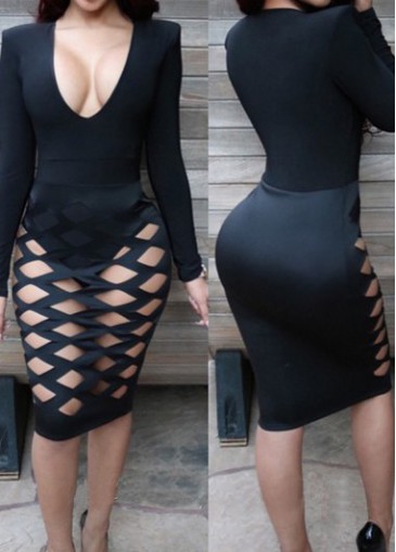 unsigned Cutout Design Black V Neck Long Sleeve Dress