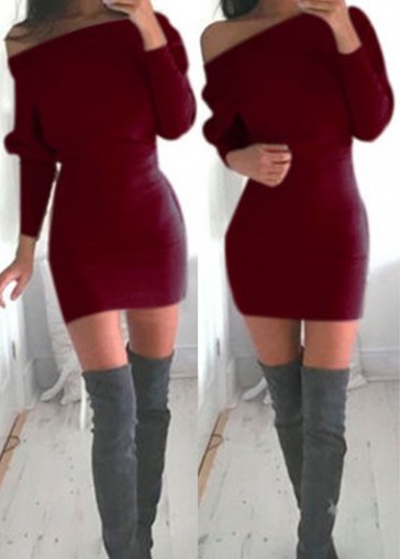 unsigned Skew Neck Wine Red Bodycon Dress