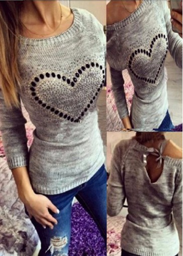 unsigned Heart Pattern Long Sleeve Grey Sweater