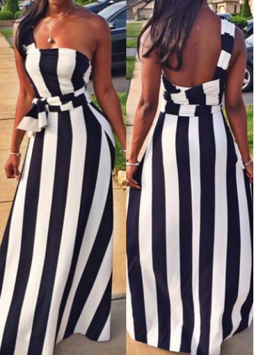 unsigned Open Back Stripe Print Maxi Dress