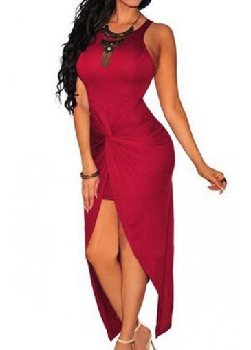 unsigned Round Neck Wine Red Sleeveless Maxi Dress