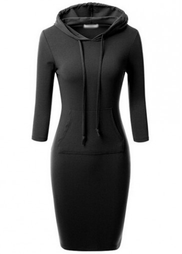 unsigned Black Long Sleeve Hooded Collar Dress