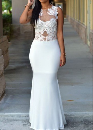 unsigned White Sleeveless Lace Splicing Maxi Dress