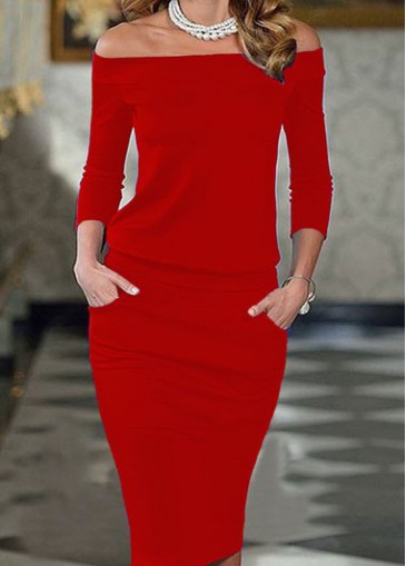 unsigned Red Three Quarter Sleeve Boat Neck Dress