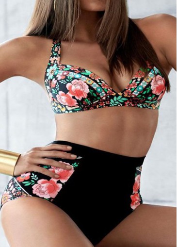 unsigned Flower Print Black Two Piece Swimsuit