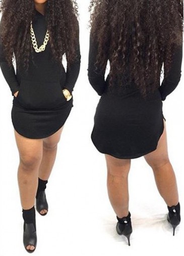 unsigned Black Long Sleeve Hooded Collar Dress