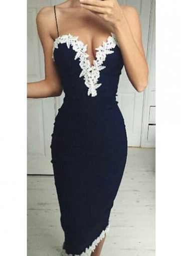 unsigned Lace Panel Navy Blue Spaghetti Strap Bodycon Dress