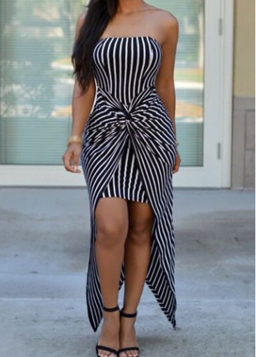 unsigned Stripe Pattern Twisted Strapless Asymmetric Hem Dress