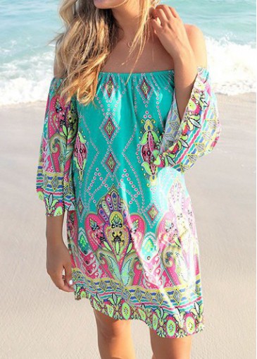 unsigned Flare Sleeve Off the Shoulder Printed Dress