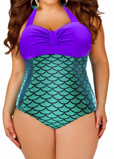 unsigned Fish Scale Print Purple One Piece Swimwear