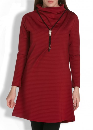 High Neck Long Sleeve Solid Burgundy Pocket Dress