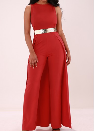 Overlay Embellished Sleeveless Solid Red Jumpsuit