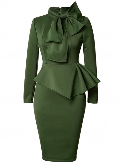 Bowknot Embellished Peplum Waist Army Green Dress