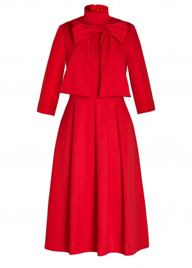 Bowknot Embellished Three Quarter Sleeve Red Dress