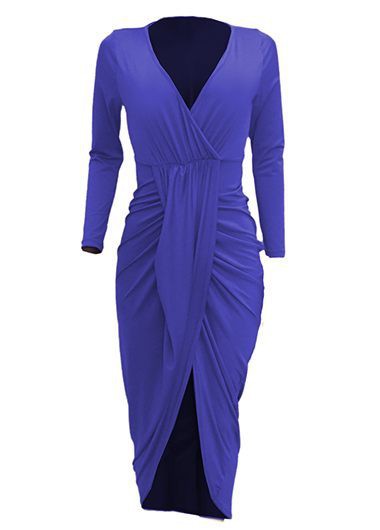 Royal Blue V Neck Asymmetric Ruched Maxi Dress