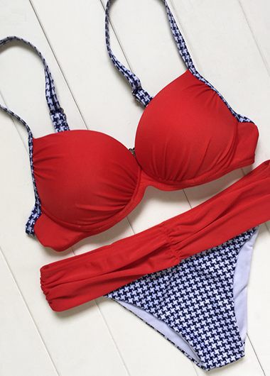 Houndstooth Print Strappy Red Bikini Sets