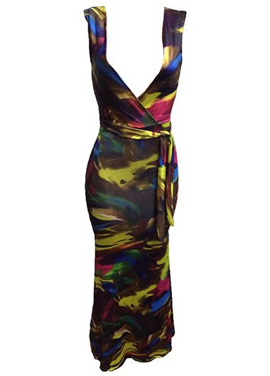 Plunging Neck Printed Sleeveless Belted Maxi Dress