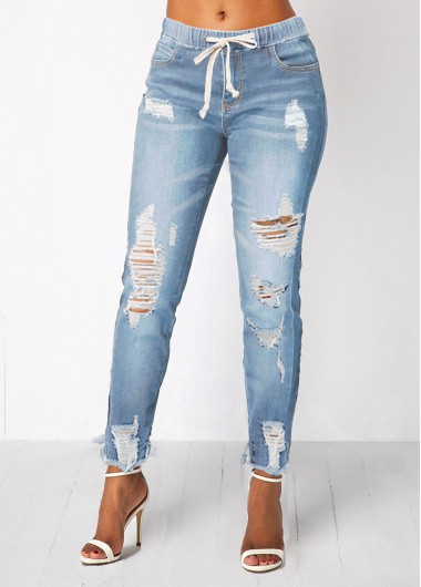 Women’s Denim Jeans, Light Blue Shredded Elastic Waist Pocket Jeans
