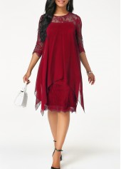 Wine Red Three Quarter Sleeve Chiffon Overlay Lace Dress - $44.98