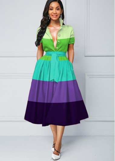 Color Block Stripe Print Button Detail Dress