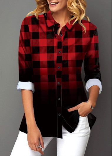 Women’s Tops For Sale, Plaid Print Button Up Turndown Collar Shirt