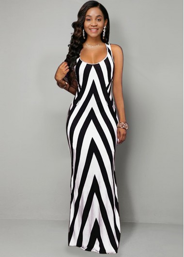 Image of Stripe Geometric Print Side Slit Dress
