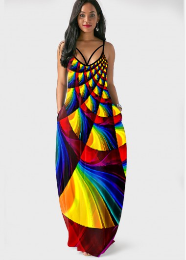 Image of Geometric Print Side Pocket Rainbow Color Maxi Dress