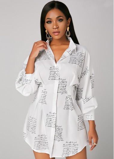 Ladies Dress Shirts, Letter Print Button Up Turndown Collar Shirt Dress