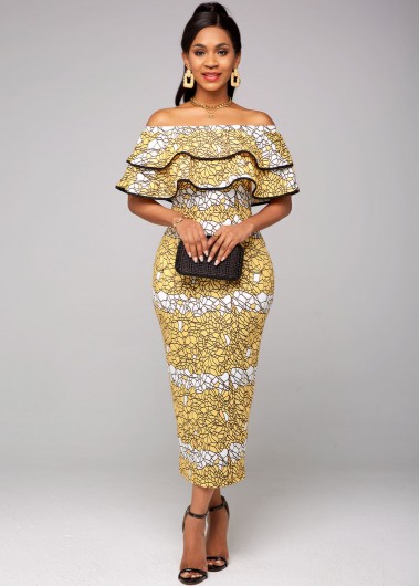 Image of Printed Off Shoulder Ruffle Overlay Dress