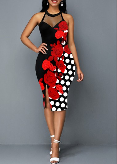 Image of Polka Dot Floral Print Side Slit Dress