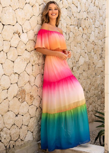 Image of Rainbow Color Off Shoulder Flounce Maxi Dress