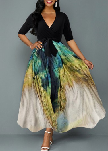 Maxi Dresses For Women, Tie Dye Print Plunging Neck Belted Maxi Dress