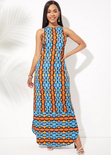 Image of Geometric Print Round Neck Side Slit Dress