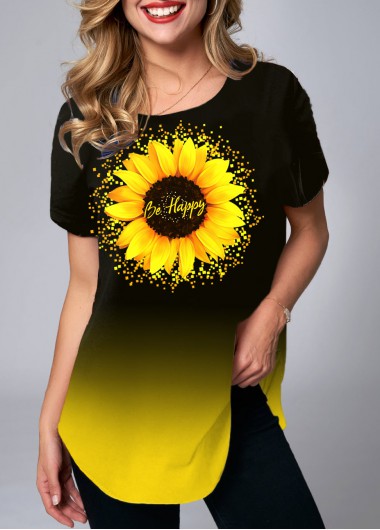 Short Sleeve Sunflower Print Ombre T Shirt