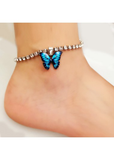 Butterfly Detail Rhinestone Design Silver Anklet