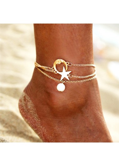 Moon Sar and Pearl Detail Metal Anklets