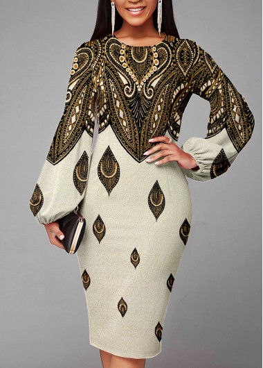 Image of Lantern Sleeve Foil Print Texture Knitted Dress