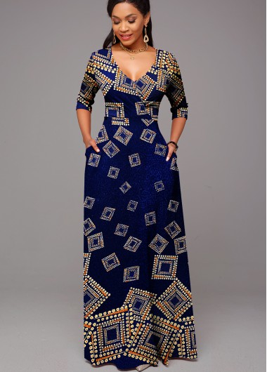 Image of Foil Print Geometrical Pattern 3/4 Sleeve Wrap Dress