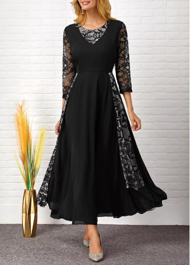 Image of Lace Patchwork Round Neck 3/4 Sleeve Dress