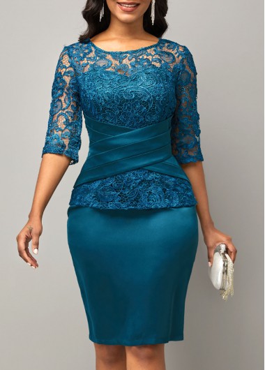 Image of Lace Patchwork Solid 3/4 Sleeve Round Neck Dress