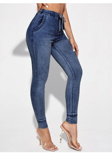 Women’s Denim Jeans Pants, Mid Waist Denim Blue Drawstring Detail Jeans