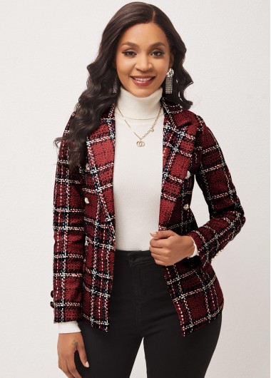 Women’s Coats On Sale, Plaid Double Breasted Deep Red Blazer